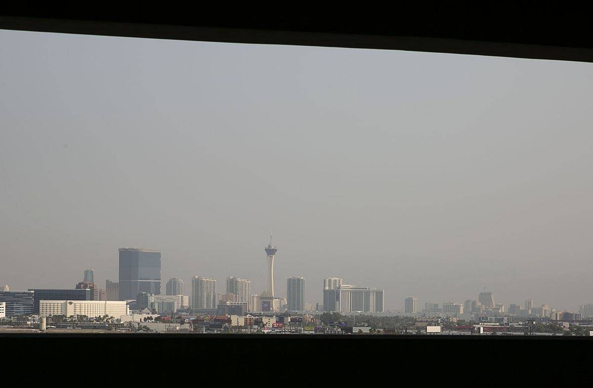 A haze hangs over the Strip on Friday, Aug. 21, 2020, in Las Vegas. Because of wildfires all ov ...