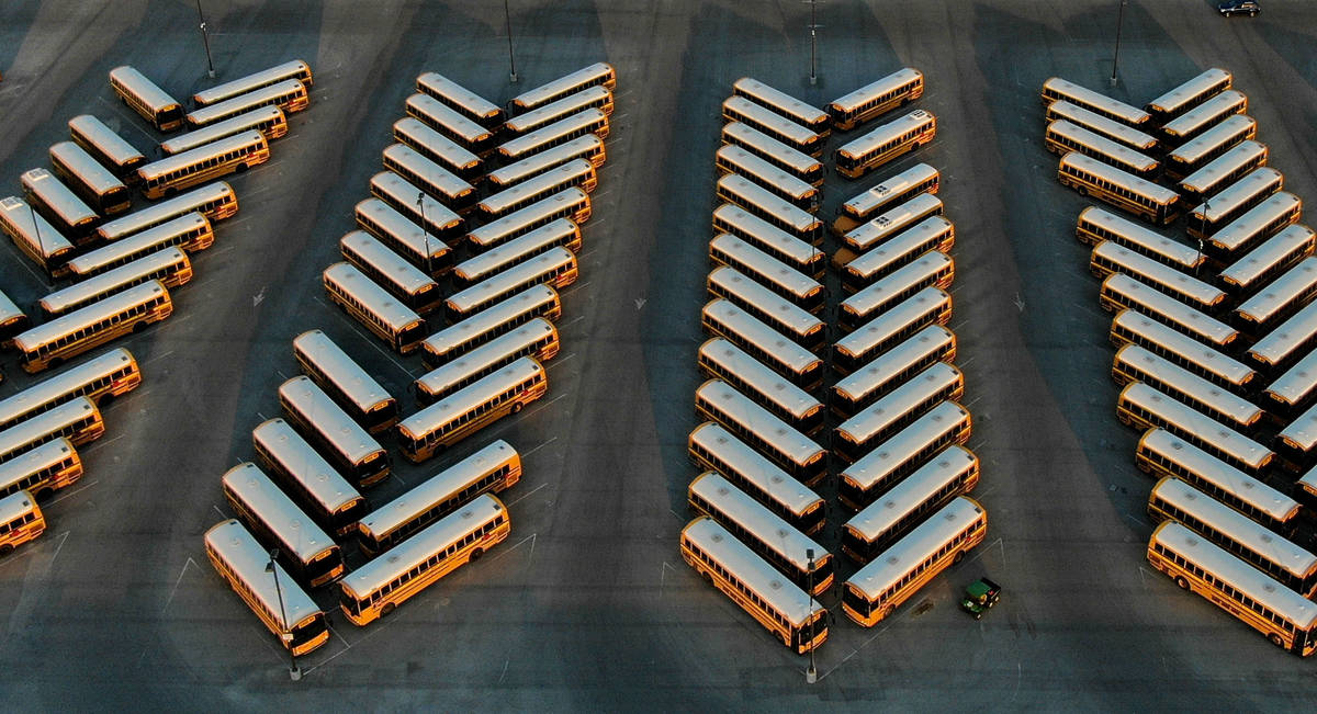 Buses lined up like chevrons at the Clark County School District bus yard at the CCSD Northwest ...
