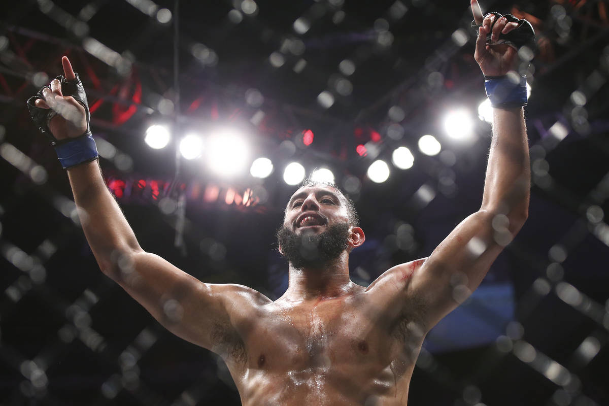 Dominick Reyes celebrates his defeat over Ovince Saint Preux in their light heavyweight bout at ...