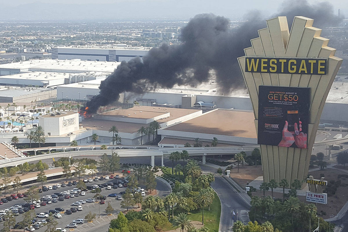 A fire burns at the Westgate in Las Vegas on Friday, Aug. 21, 2020. (Courtesy James Fuhrman)