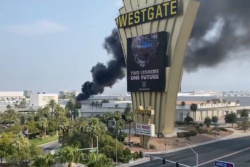 A fire burns at the Westgate in Las Vegas on Friday, Aug. 21, 2020. (John Kastsilometes/Las Veg ...