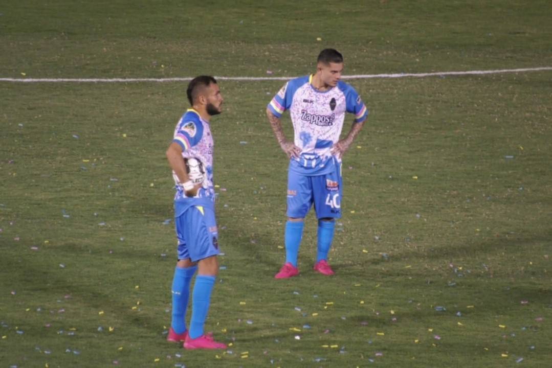 Las Vegas Lights midfielders Bryan de la Fuente (front) and Raul Mendiola (back) pause during t ...