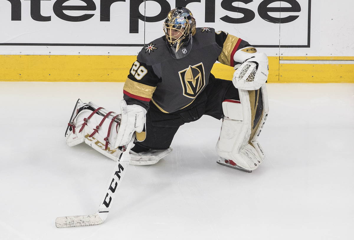 Vegas Golden Knights goalie Marc-Andre Fleury (29) warms up before NHL Western Conference Stanl ...