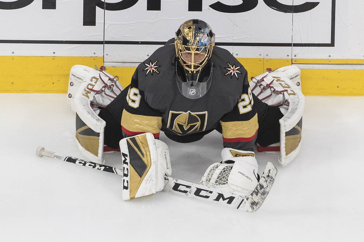 Vegas Golden Knights goalie Marc-Andre Fleury (29) warms up before NHL Western Conference Stanl ...