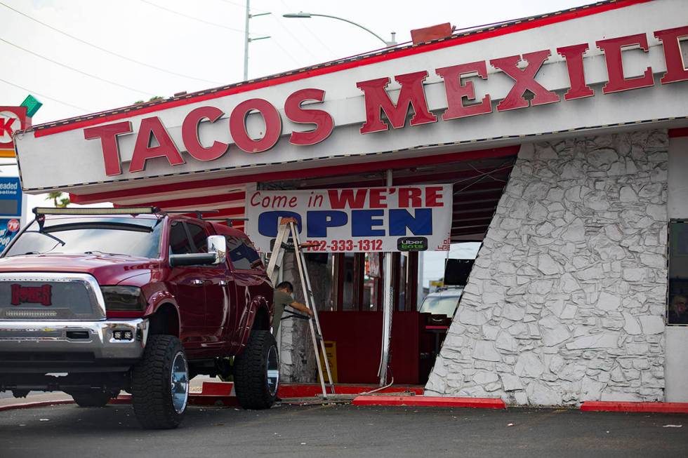 A car crashed into a Tacos Mexico on Charleston Boulevard, just east of Maryland Parkway, in La ...