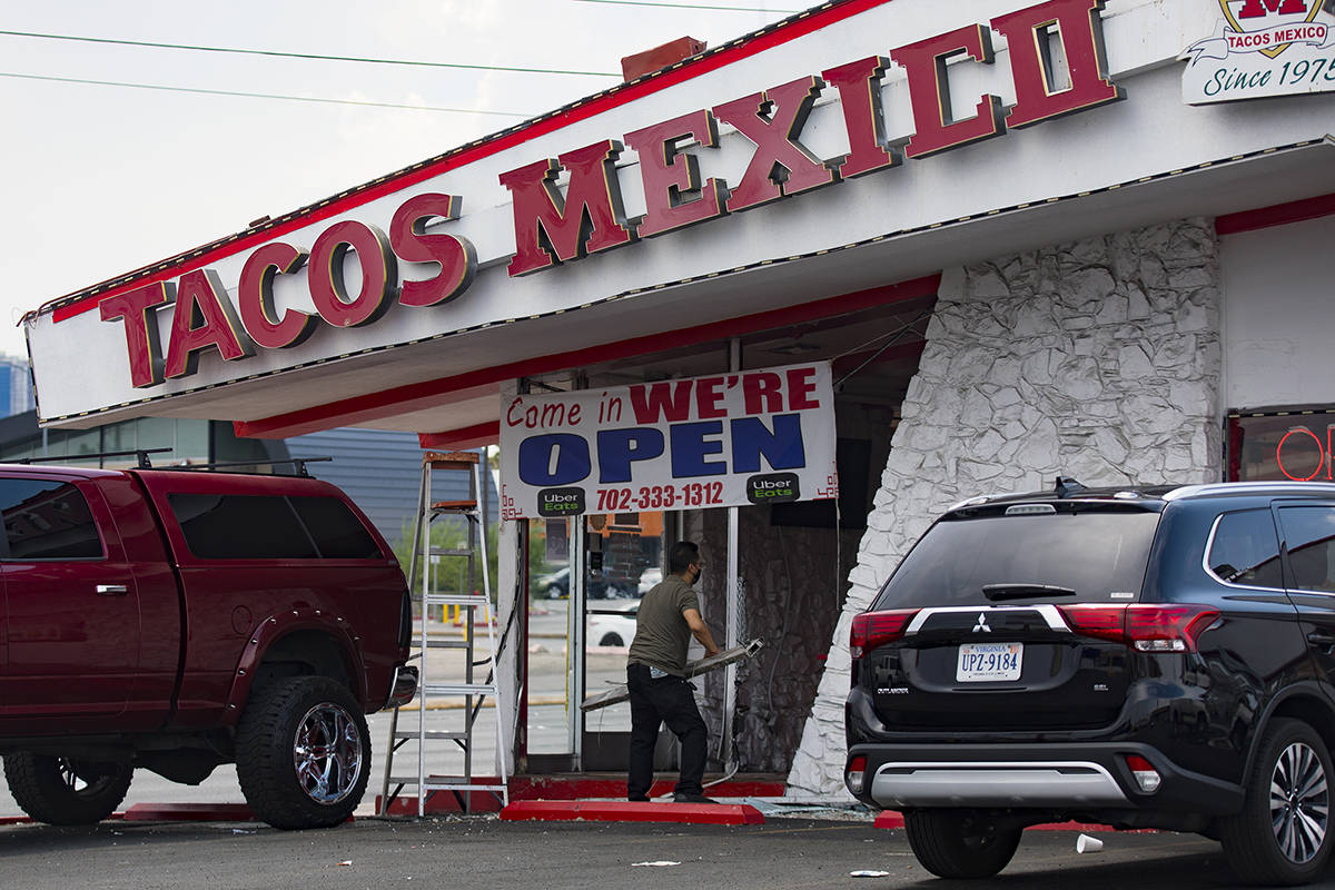 A car crashed into a Tacos Mexico on Charleston Boulevard, just east of Maryland Parkway, in La ...