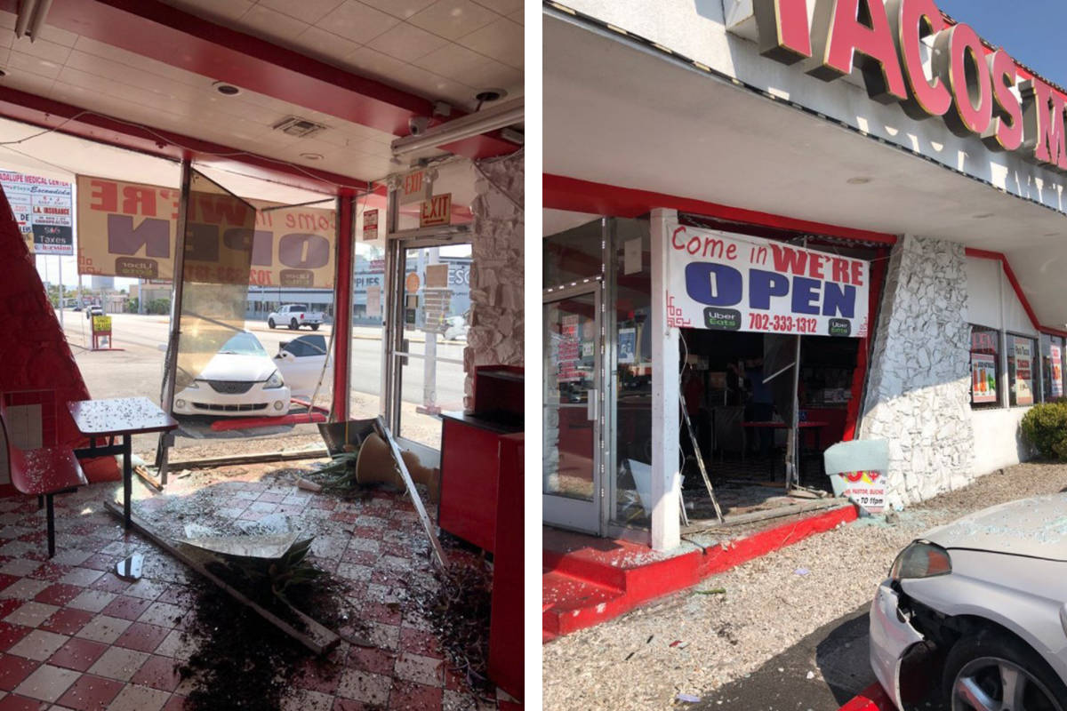 A vehicle crashed into a taco shop Sunday, Aug. 23, 2020, at 1205 E. Charleston Blvd. in Las Ve ...