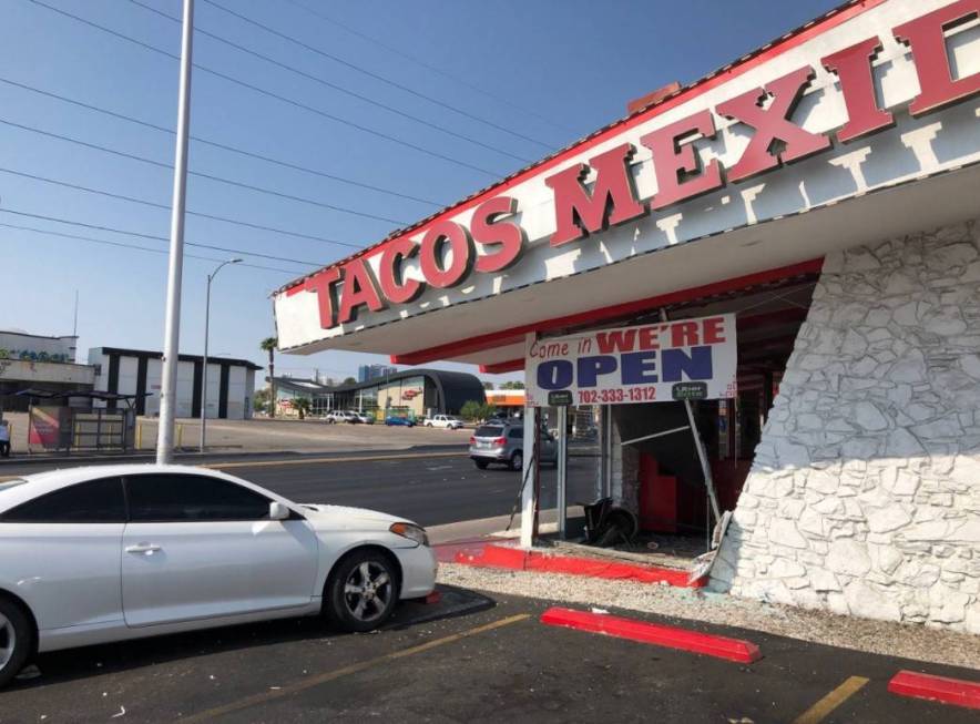 A vehicle crashed into a taco shop Sunday, Aug. 23, 2020, at 1205 E. Charleston Blvd. in Las Ve ...