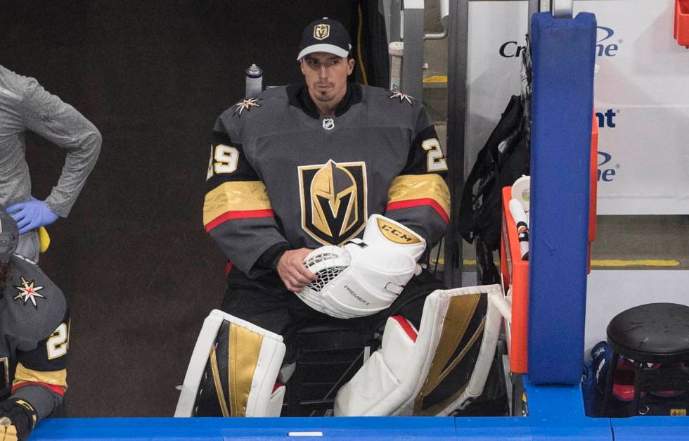 Vegas Golden Knights goalie Marc-Andre Fleury sits on the bench during the first period in Game ...