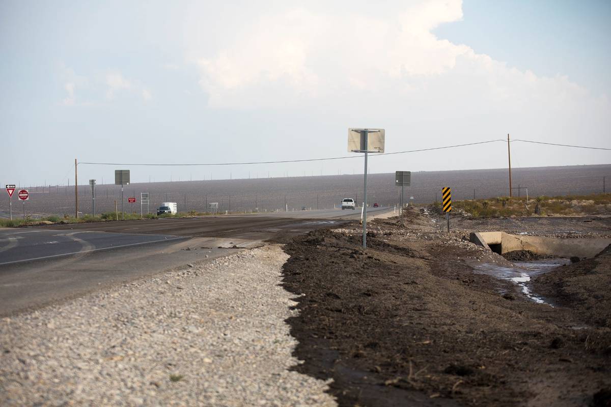 A portion of southbound U.S. 95 is washed out from the rain north of Las Vegas, Sunday, Aug. 23 ...