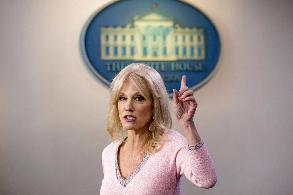 FILE - In this Dec. 5, 2019, file photo, Kellyanne Conway speaks in the Briefing Room at the Wh ...