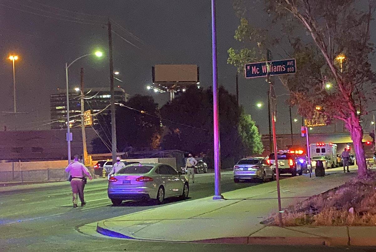 Las Vegas police investigate a crime scene near H Street and McWilliams Avenue on Monday, Aug. ...