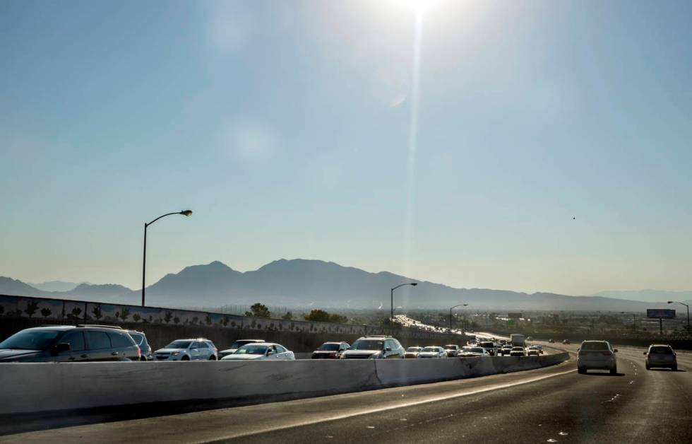 Traffic is seen on U.S. 95 northbound near Charleston Blvd., due to a multi-car crash, Monday m ...