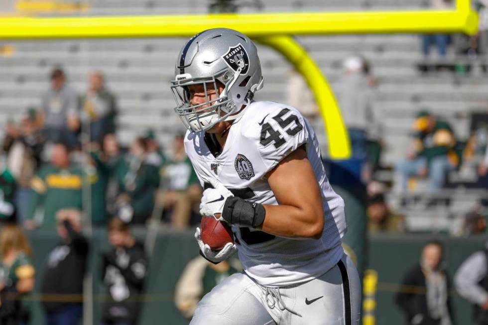 Oakland Raiders' Alec Ingold runs before an NFL football game against the Green Bay Packers Sun ...