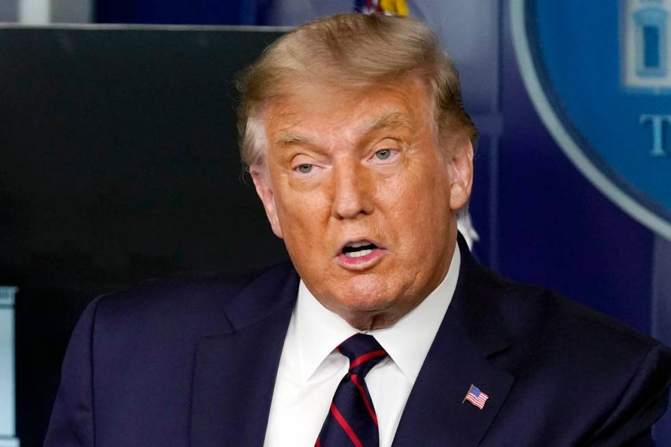 President Donald Trump speaks during a media briefing in the James Brady Briefing Room of the W ...