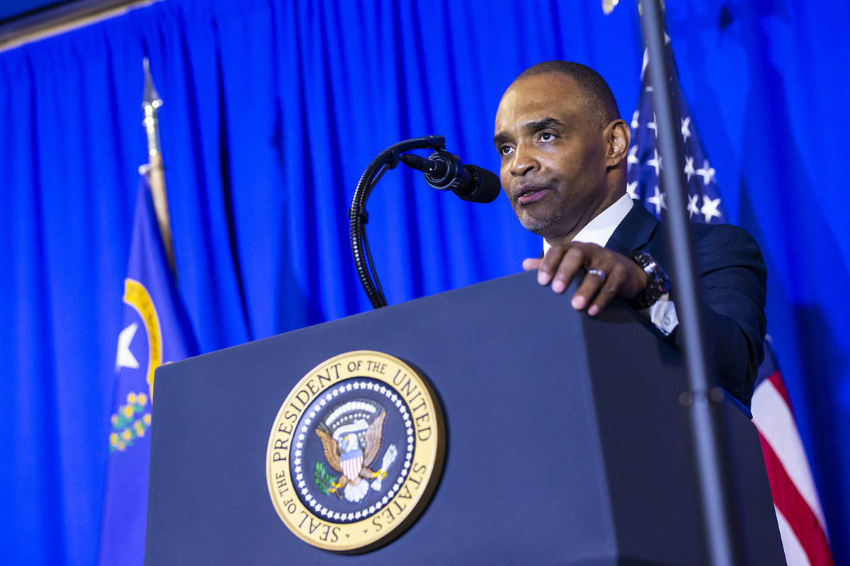 Hope for Prisoners CEO Jon Ponder speaks before introducing President Donald Trump during a gra ...