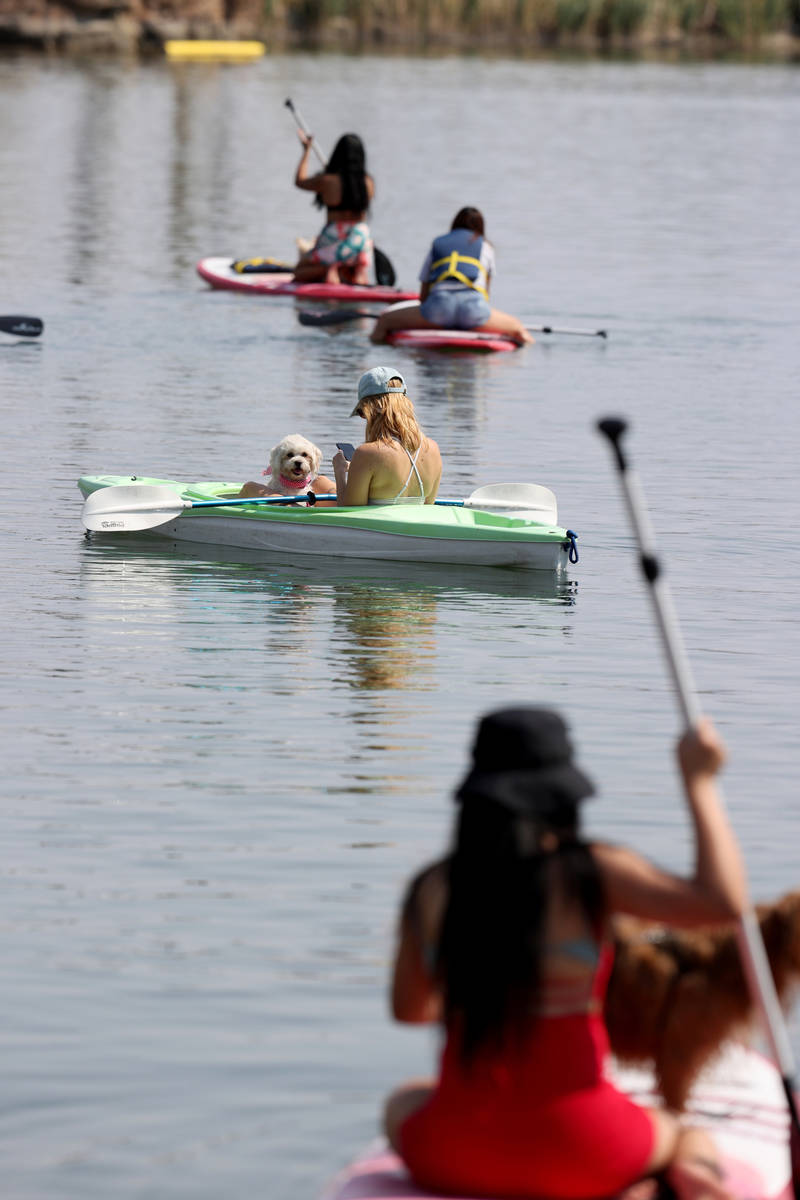 Jesi Shive of Las Vegas, center, kayaks with her friend's dog, Stella, during Bring Your Dog to ...