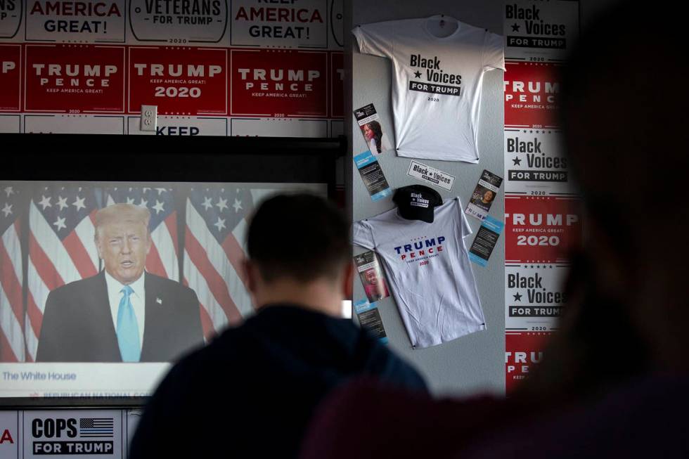 President Donald Trump speaks during the Republican National Convention as seen on screen from ...