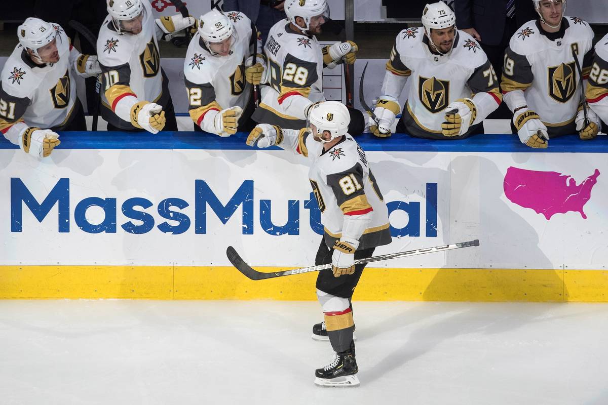 Vegas Golden Knights' Jonathan Marchessault (81) celebrates a goal with teammates during third ...