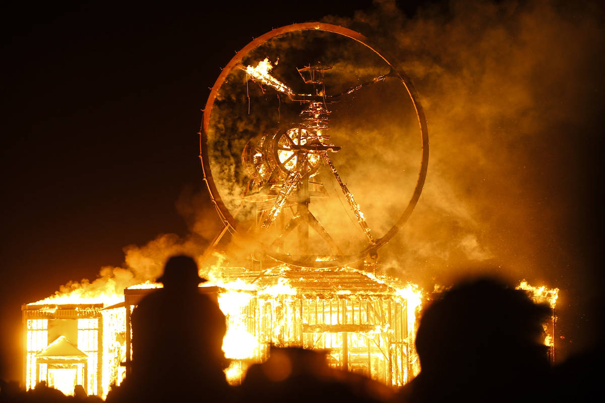 The Man burns during Burning Man at the Black Rock Desert north of Reno, Sept. 3, 2016. (Chase ...