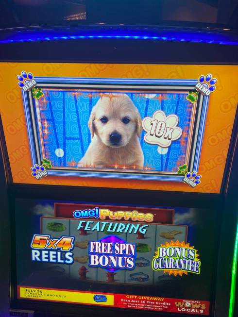 A shot of an OMG! Puppies slot machine at Westgate Las Vegas on Friday, July 30, 2020. (John Ka ...