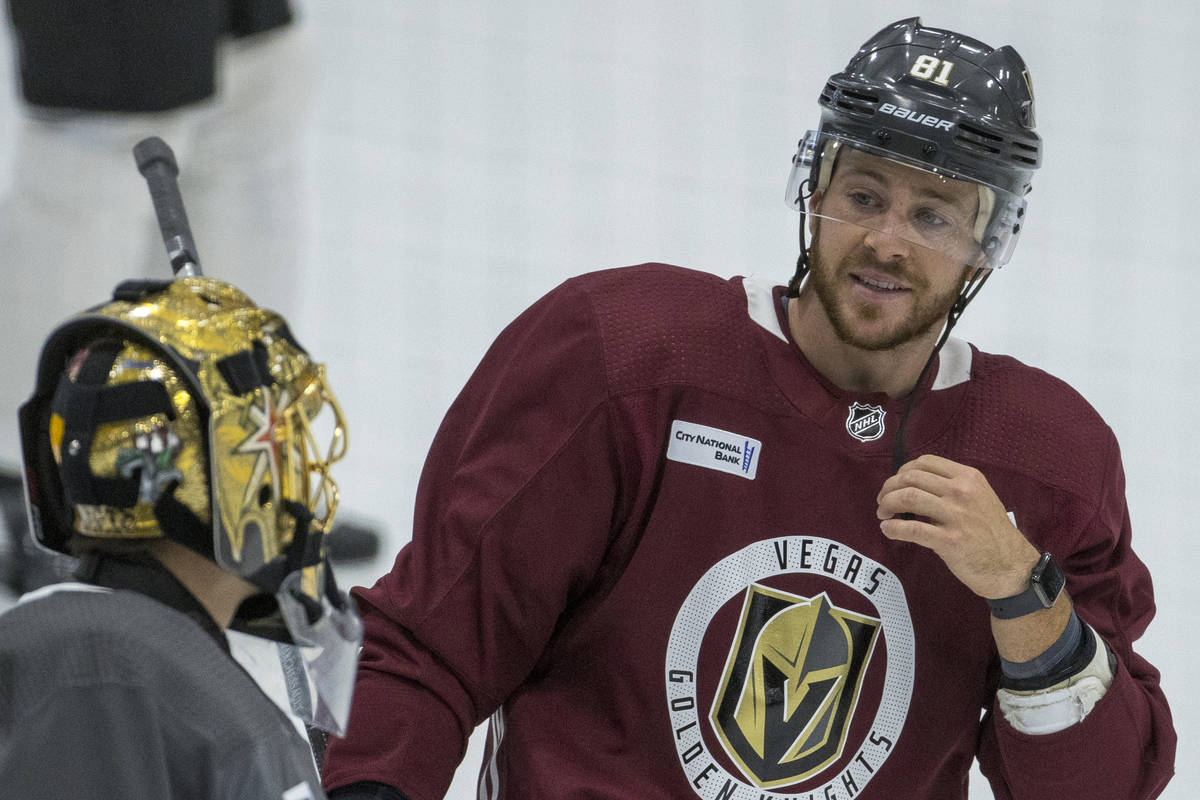 Vegas Golden Knights goaltender Marc-Andre Fleury (29) chats with center Jonathan Marchessault ...