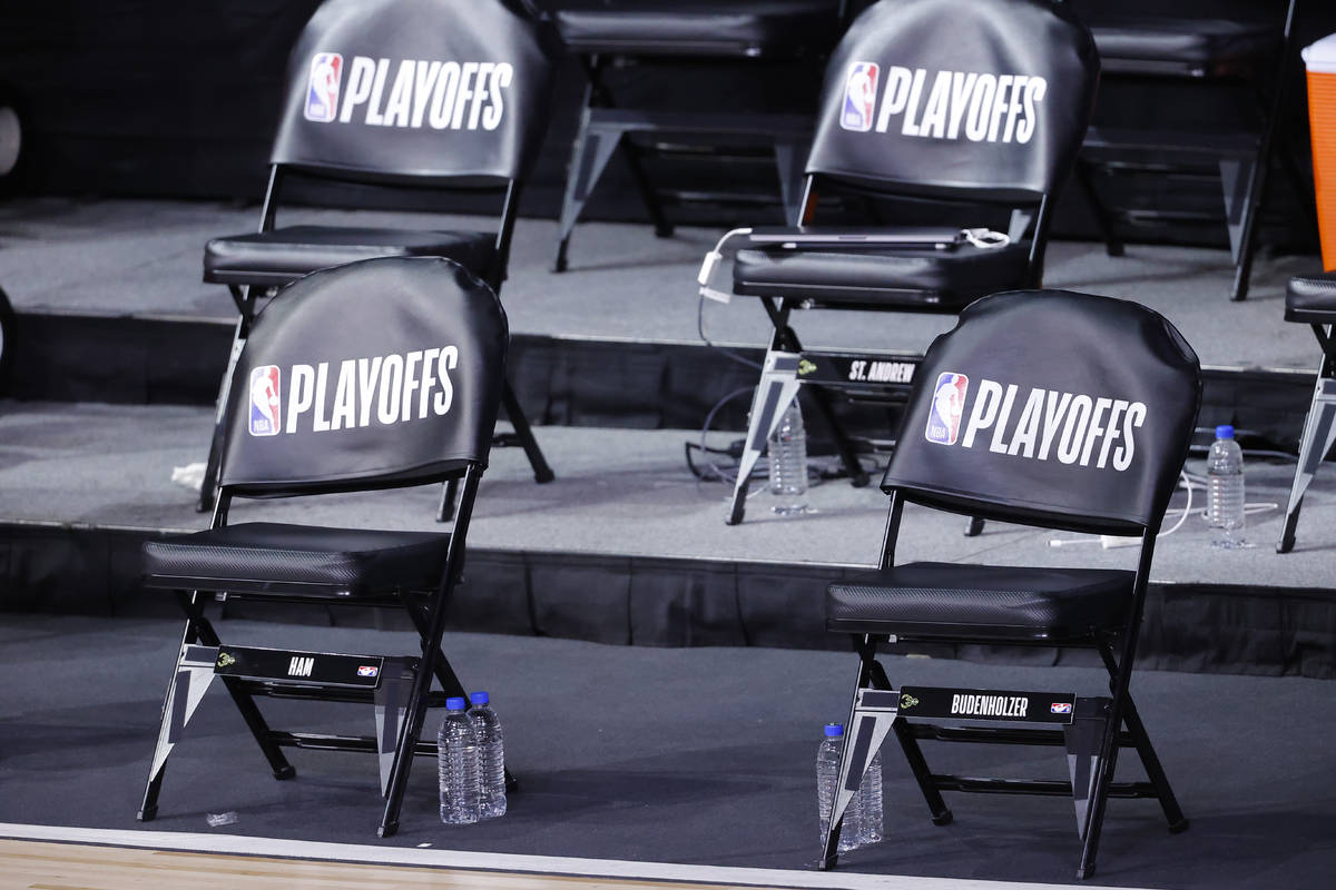 The Milwaukee Bucks bench sits empty at game time of Game 5 of an NBA basketball first-round pl ...