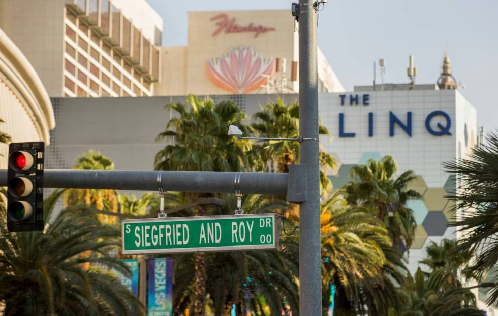 The Mirage porte cochere is renamed Siegfried & Roy Drive on Wednesday, August 26, 2020, in ...