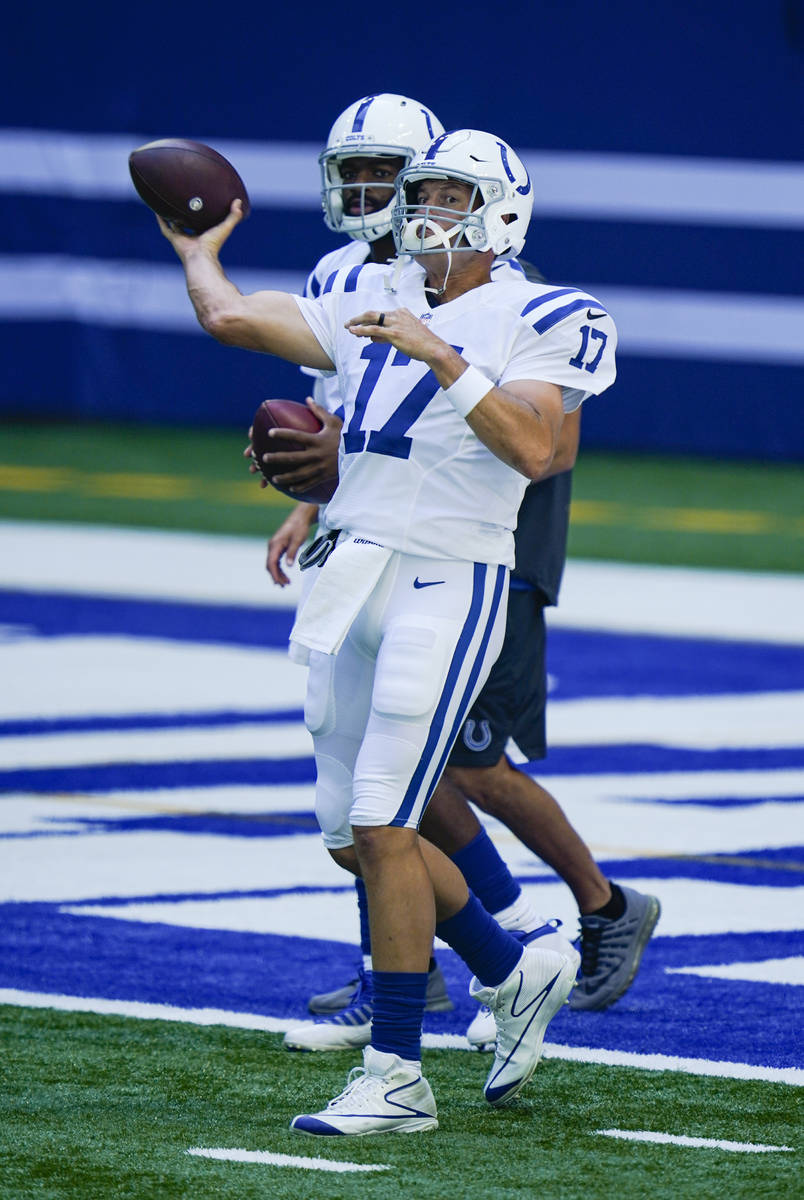 Indianapolis Colts quarterback Philip Rivers (17) throws during practice at the NFL team's foot ...