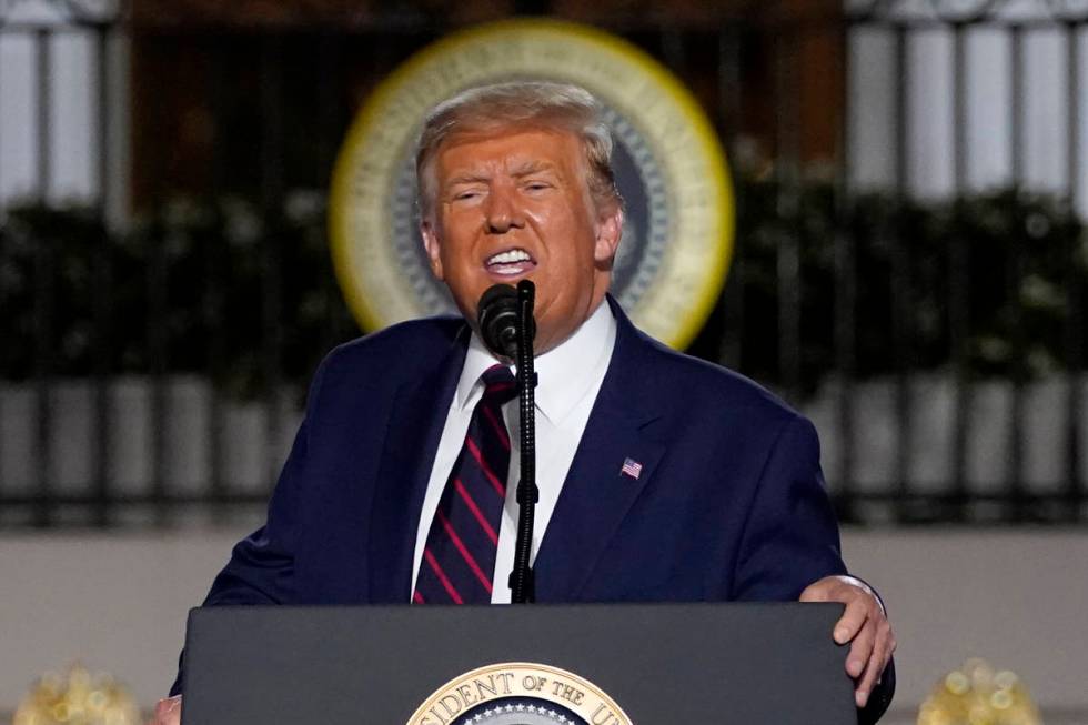 President Donald Trump speaks from the South Lawn of the White House on the fourth day of the R ...