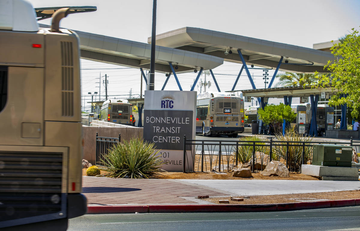 Buses move in and out of the Bonneville Transit Center on Aug. 6, 2020, in Las Vegas. (L.E. Bas ...