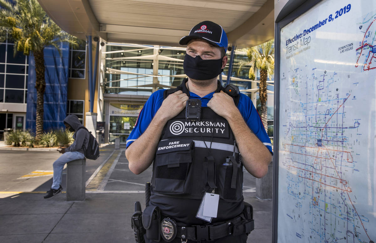 Paul Auger with Marksman Security patrols the Bonneville Transit Center on Aug. 6, 2020, in Las ...