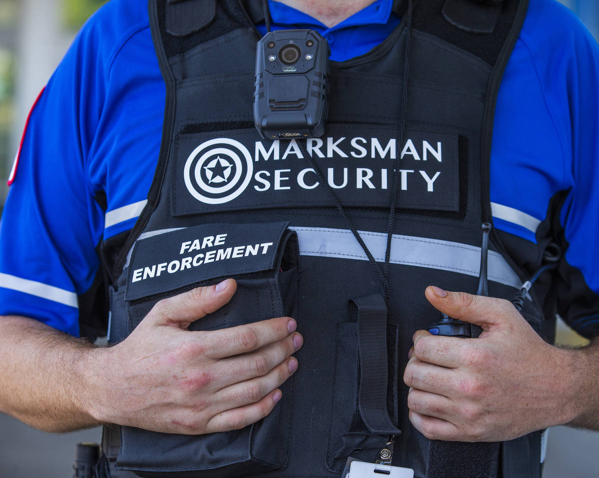 A body camera is worn by Paul Auger with Marksman Security as he patrols the Bonneville Transit ...