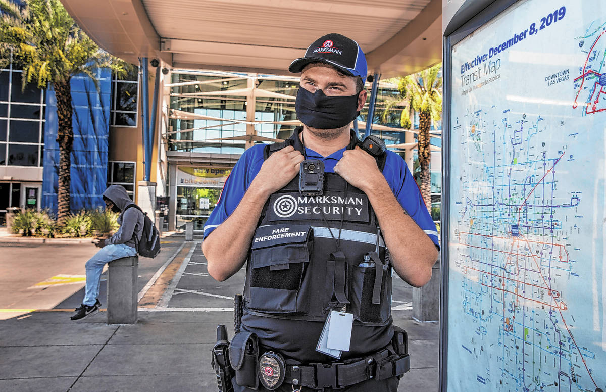 Paul Auger with Marksman Security patrols the Bonneville Transit Center on Aug. 6, 2020, in Las ...