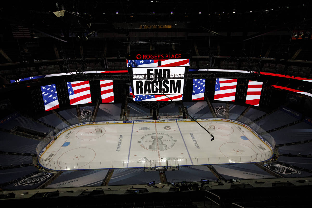 An End Racism sign is displayed before Game 3 of an NHL hockey second-round playoff series betw ...