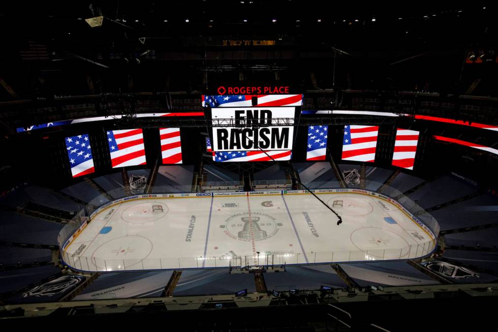 An End Racism sign is displayed before Game 3 of an NHL hockey second-round playoff series betw ...