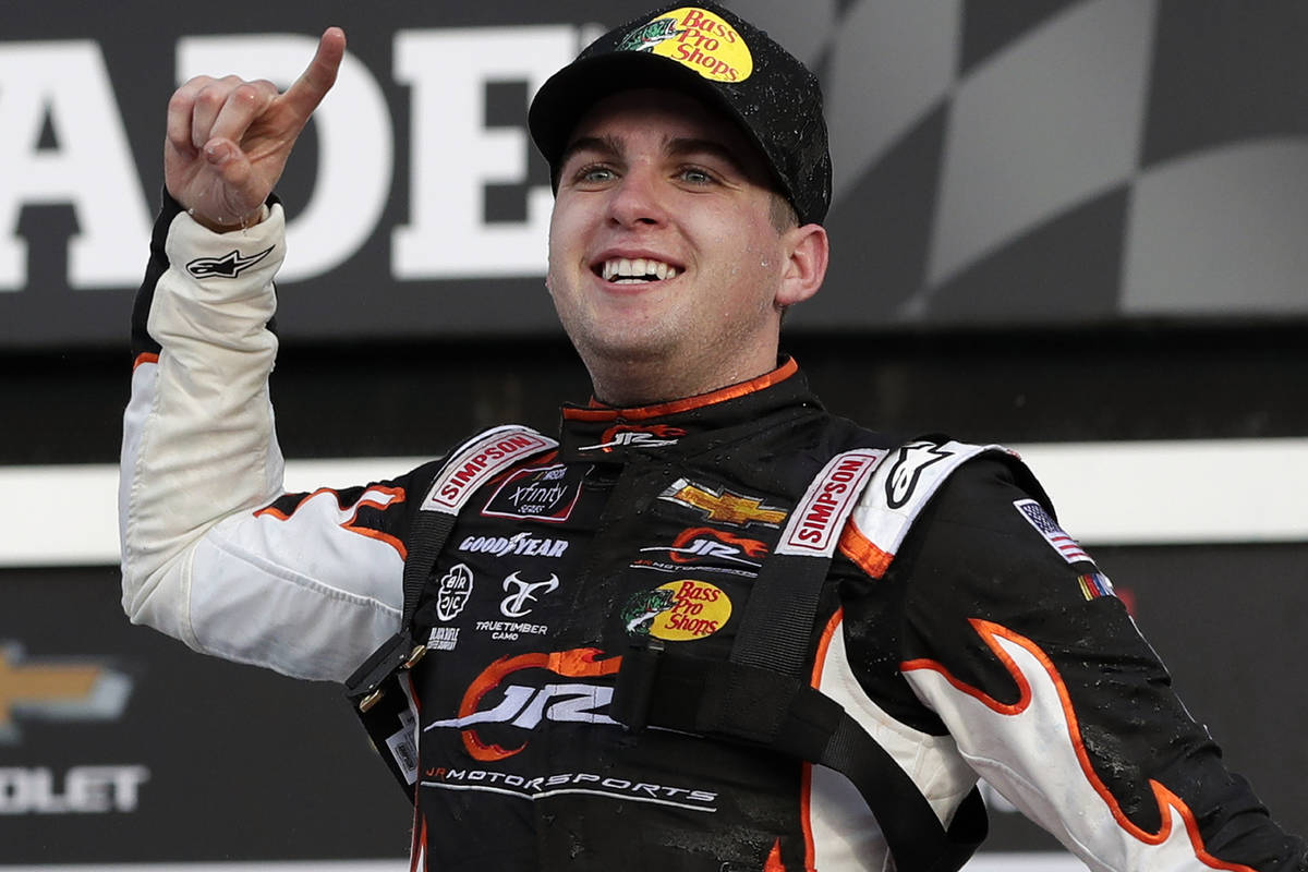 Noah Gragson celebrates in Victory Lane after winning the NASCAR Xfinity series auto race at Da ...