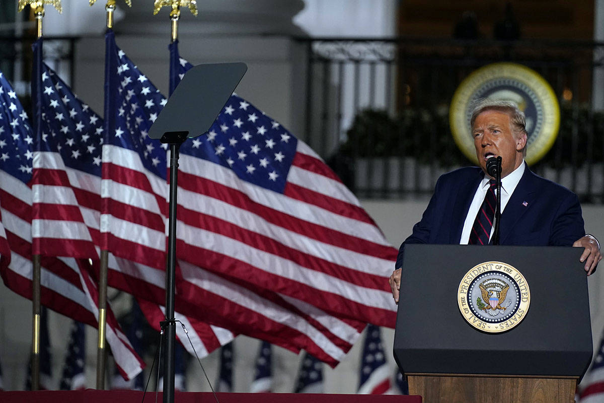 President Donald Trump speaks from the South Lawn of the White House on the fourth day of the R ...