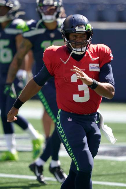 Seattle Seahawks quarterback Russell Wilson (3) during warmups before an NFL football mock game ...