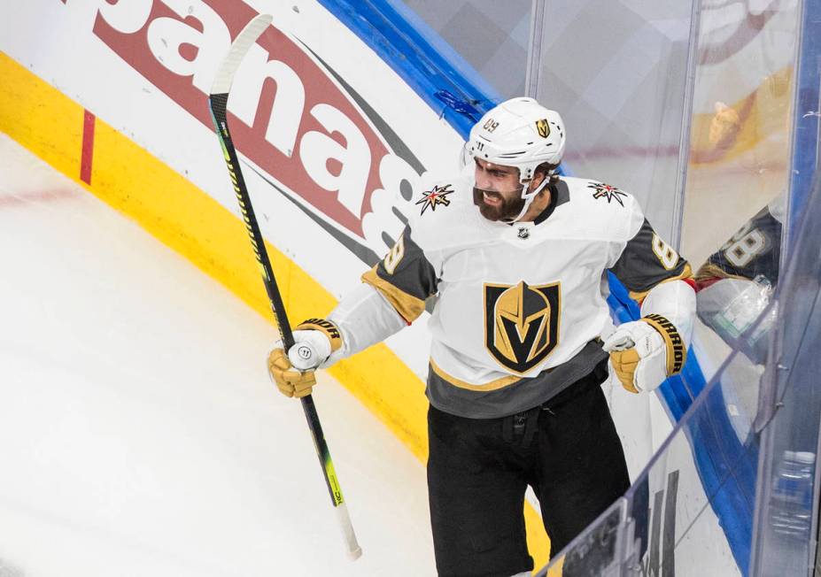 Vegas Golden Knights right wing Alex Tuch celebrates his goal against the Vancouver Canucks dur ...