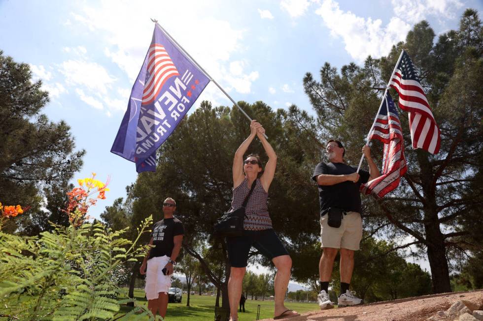 Barbara Carrillo, left, and husband Creb, participate in a No Mask Nevada PAC rally at Sunset P ...