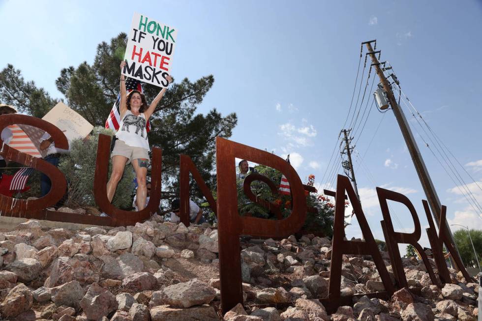 Las Vegas Attorney Michele Baron participates in a No Mask Nevada PAC rally at Sunset Park in L ...