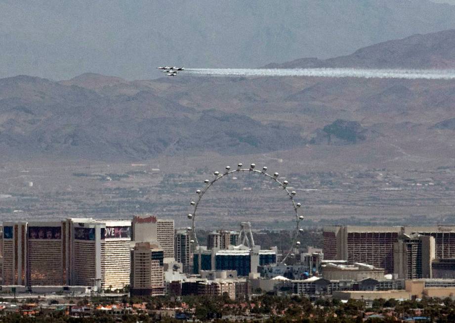 The U.S. Air Force Air Demonstration Squadron "Thunderbirds" do a flyover the Strip a ...
