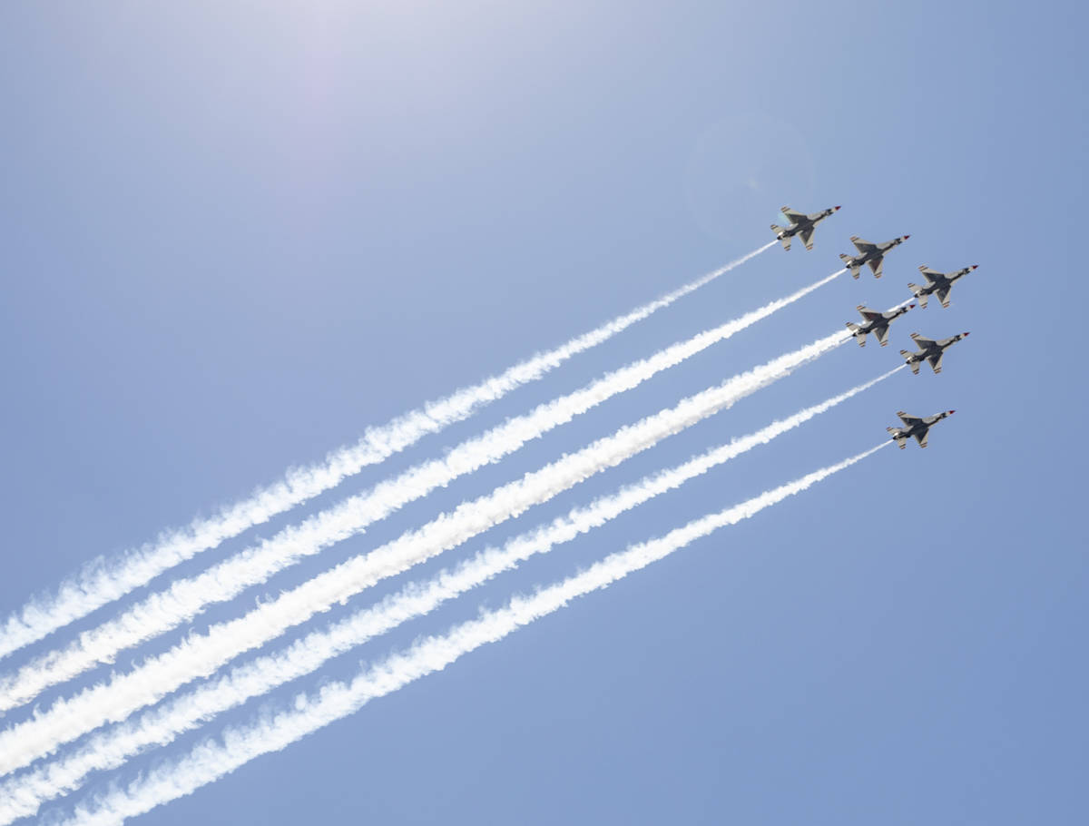 The U.S. Air Force Thunderbirds fly over the Las Vegas Valley on Monday afternoon, Aug. 31, 202 ...