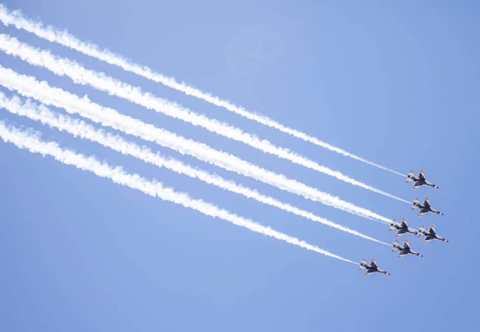 The U.S. Air Force Thunderbirds fly over the Las Vegas Valley on Monday afternoon, Aug. 31, 202 ...