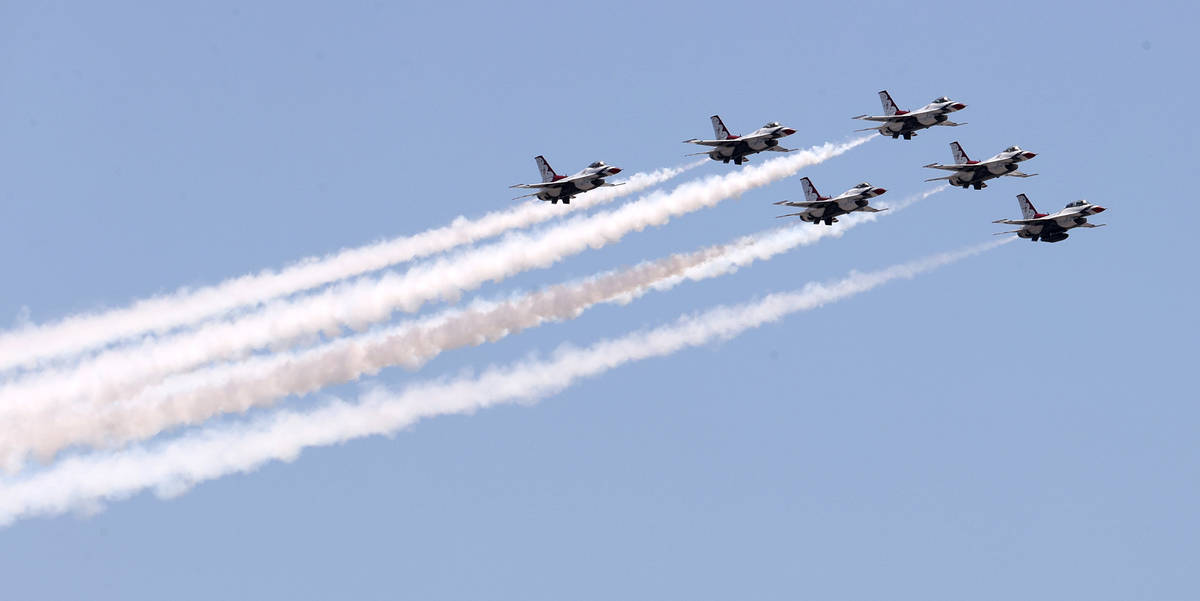 The U.S. Air Force Thunderbirds fly over the Las Vegas Valley on Monday, Aug. 31, 2020. (K.M. C ...