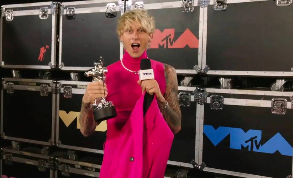 In this video grab issued Sunday, Aug. 30, 2020, by MTV, Machine Gun Kelly, also known as MGK, ...