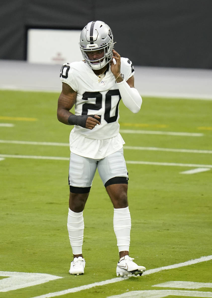 Las Vegas Raiders cornerback Damon Arnette (20) attends an NFL football training camp practice ...