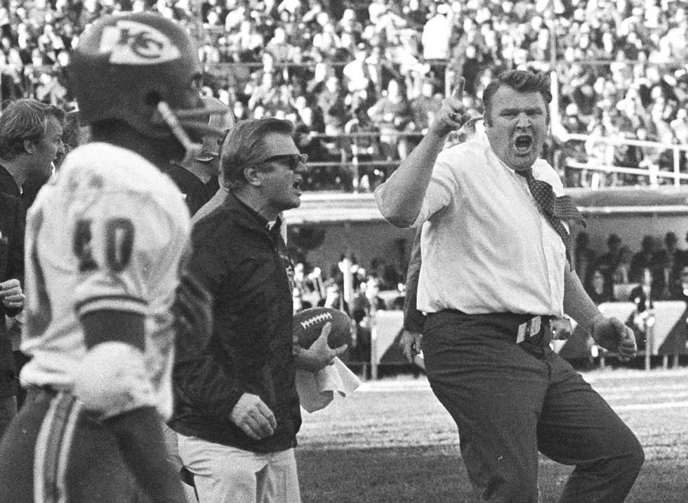 Raiders coach John Madden protests a referee’s call in a game against the Chiefs in 1970. (Th ...