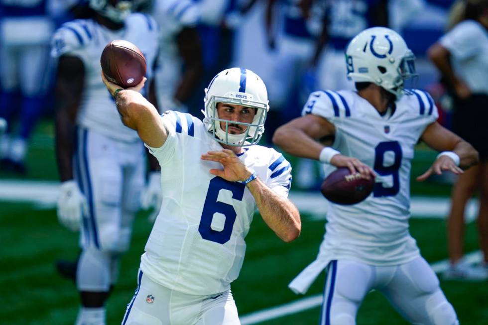 Indianapolis Colts quarterback Chad Kelly (6) throws during practice at the NFL team's football ...